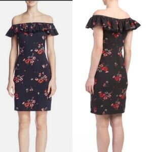 Rebecca Taylor black floral‎ Marguerite jersey off shoulder dress size small